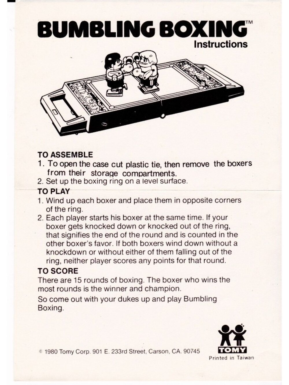 1980 Tomy Bumbling Boxing Instructions Original Toy Game Insert Taiwan